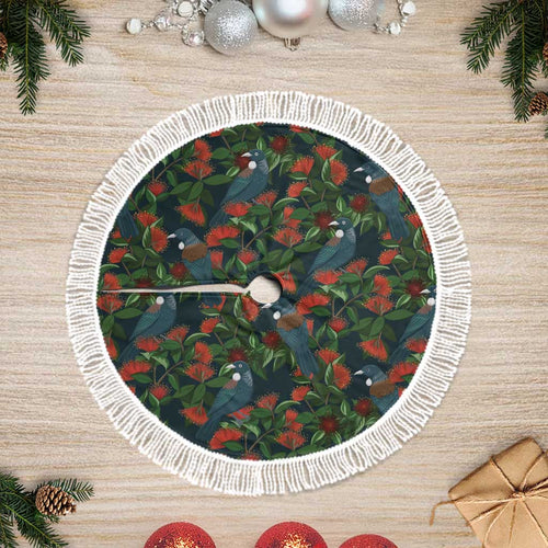 New Zealand Christmas Tree Skirt Romantic Tui Birds on Pohutukawa - Cobalt - Aussie Hoodie