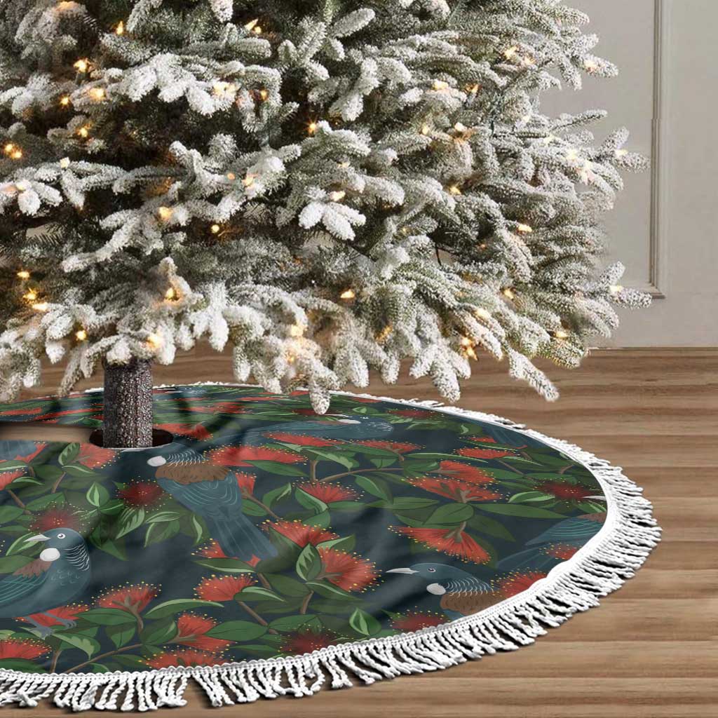 New Zealand Christmas Tree Skirt Romantic Tui Birds on Pohutukawa - Cobalt - Aussie Hoodie