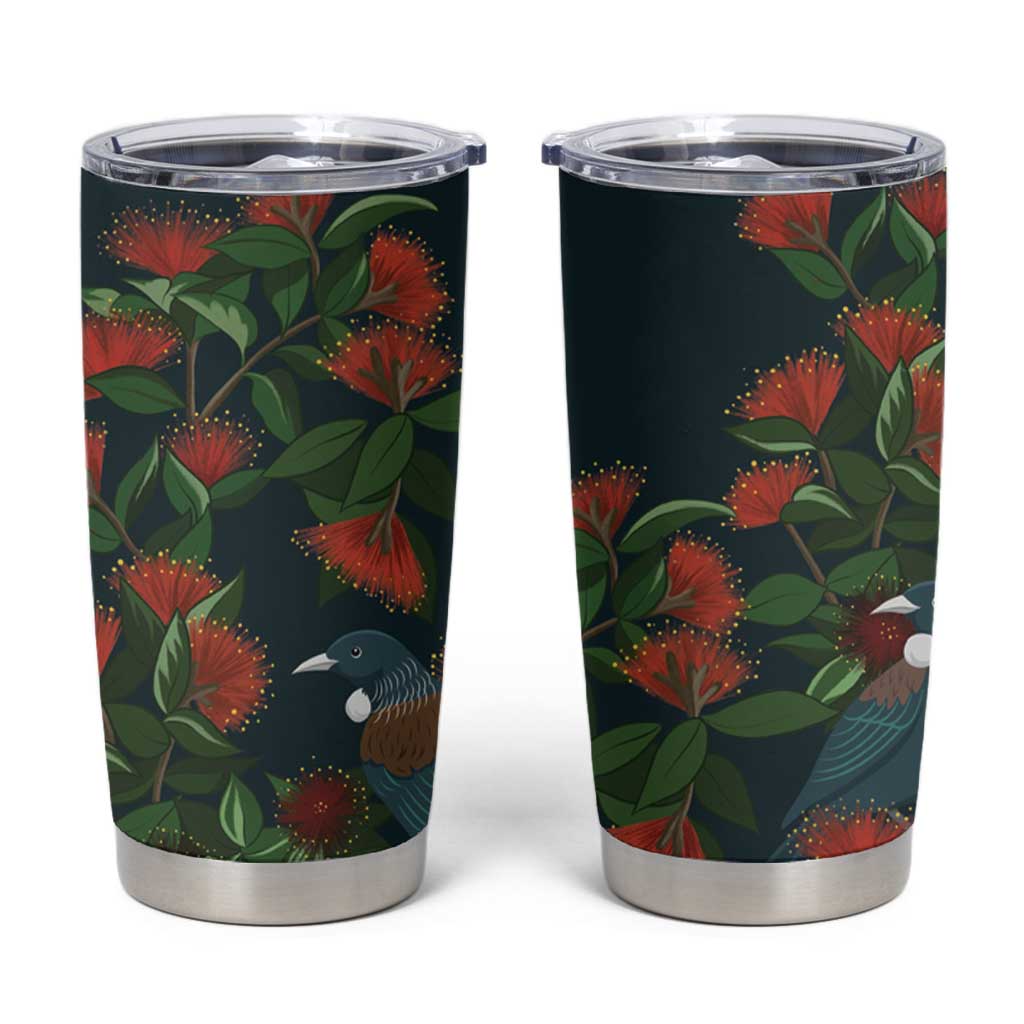 New Zealand Christmas Tumbler Cup Romantic Tui Birds on Pohutukawa - Cobalt - Aussie Hoodie