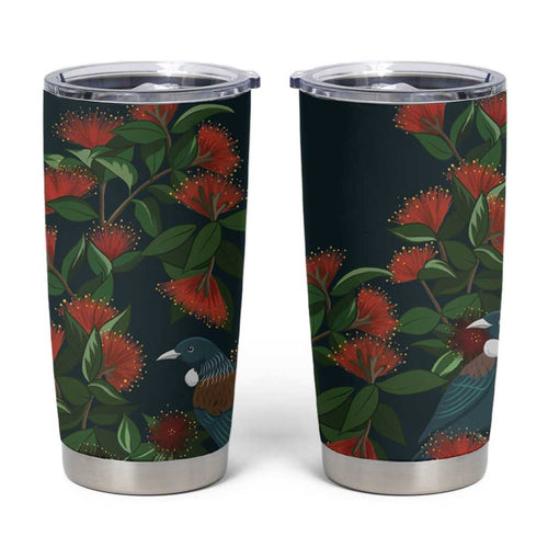 New Zealand Christmas Tumbler Cup Romantic Tui Birds on Pohutukawa - Cobalt - Aussie Hoodie