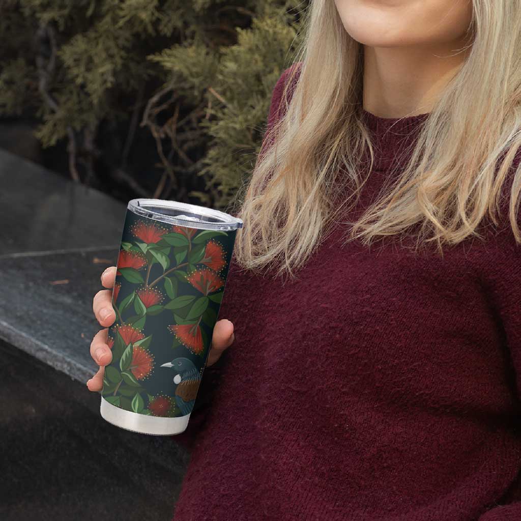 New Zealand Christmas Tumbler Cup Romantic Tui Birds on Pohutukawa - Cobalt - Aussie Hoodie