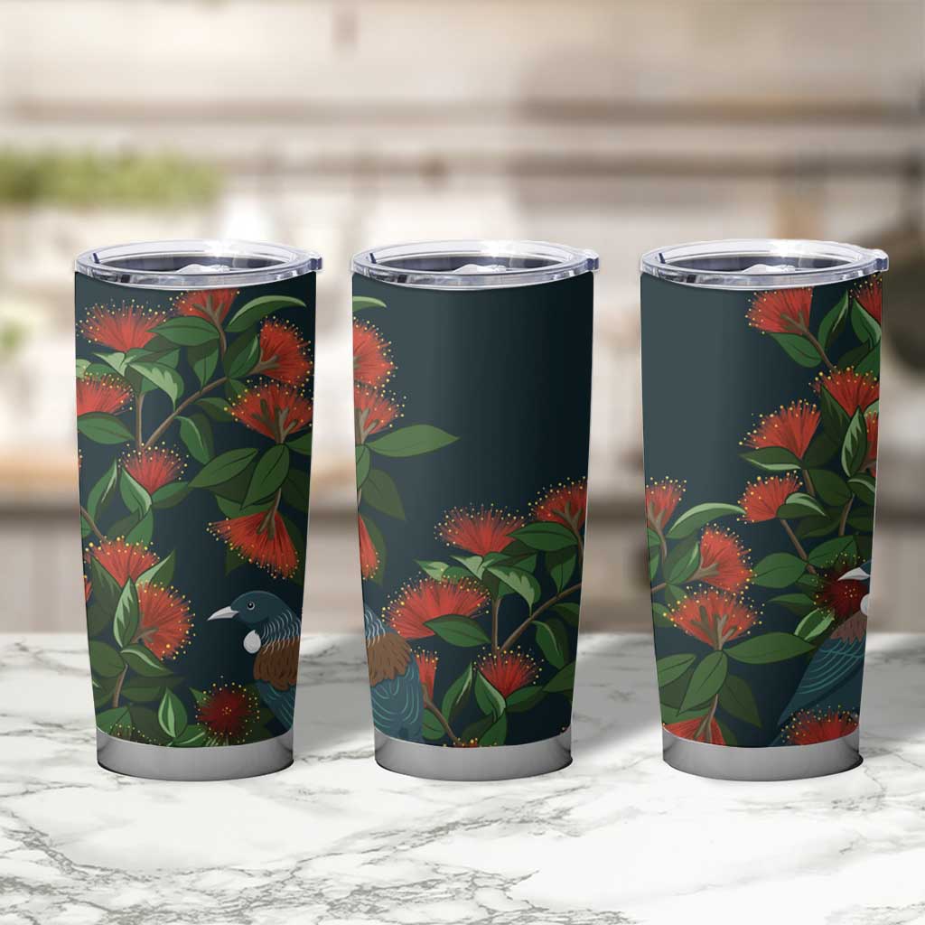 New Zealand Christmas Tumbler Cup Romantic Tui Birds on Pohutukawa - Cobalt - Aussie Hoodie