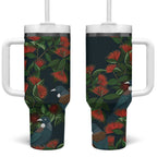 New Zealand Christmas Tumbler With Handle Romantic Tui Birds on Pohutukawa - Cobalt - Aussie Hoodie
