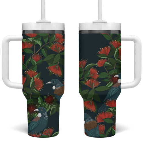New Zealand Christmas Tumbler With Handle Romantic Tui Birds on Pohutukawa - Cobalt - Aussie Hoodie