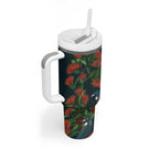 New Zealand Christmas Tumbler With Handle Romantic Tui Birds on Pohutukawa - Cobalt - Aussie Hoodie