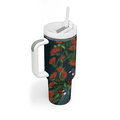 New Zealand Christmas Tumbler With Handle Romantic Tui Birds on Pohutukawa - Cobalt - Aussie Hoodie