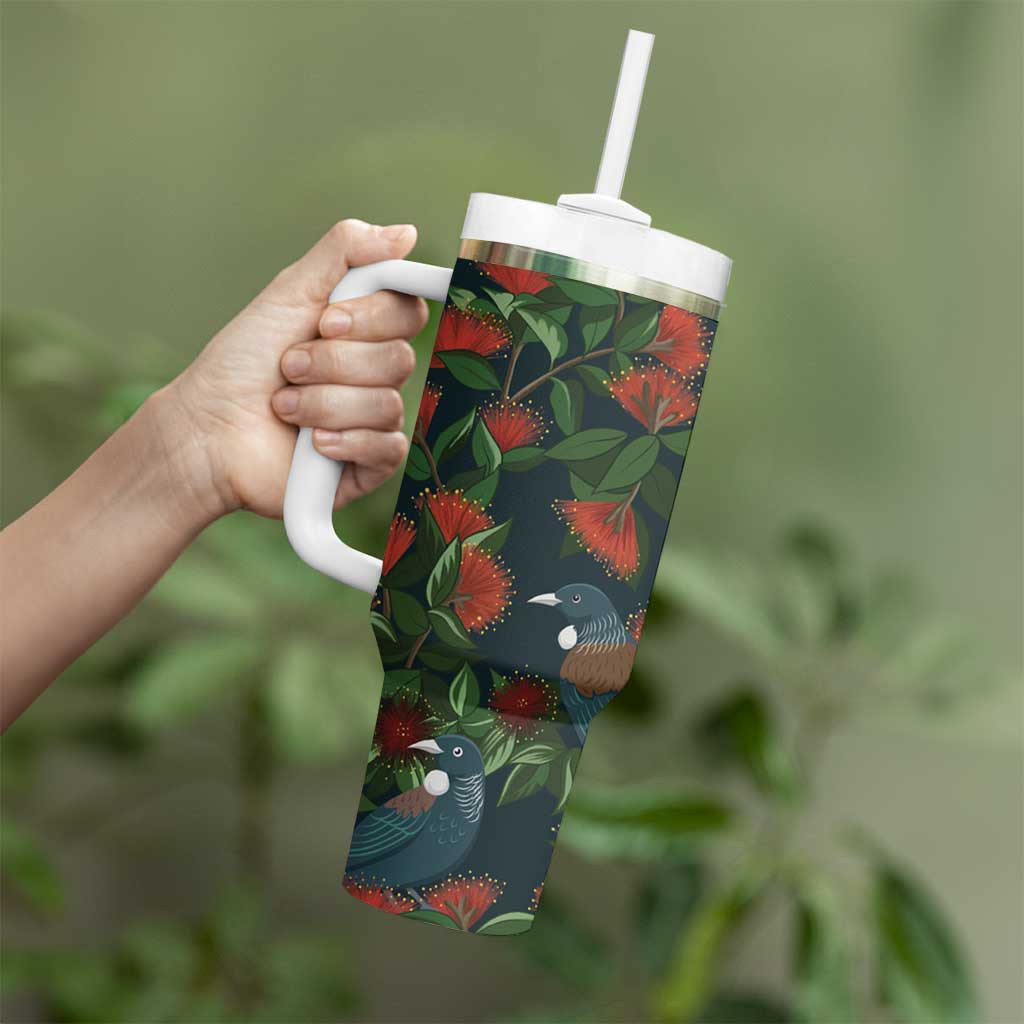 New Zealand Christmas Tumbler With Handle Romantic Tui Birds on Pohutukawa - Cobalt - Aussie Hoodie