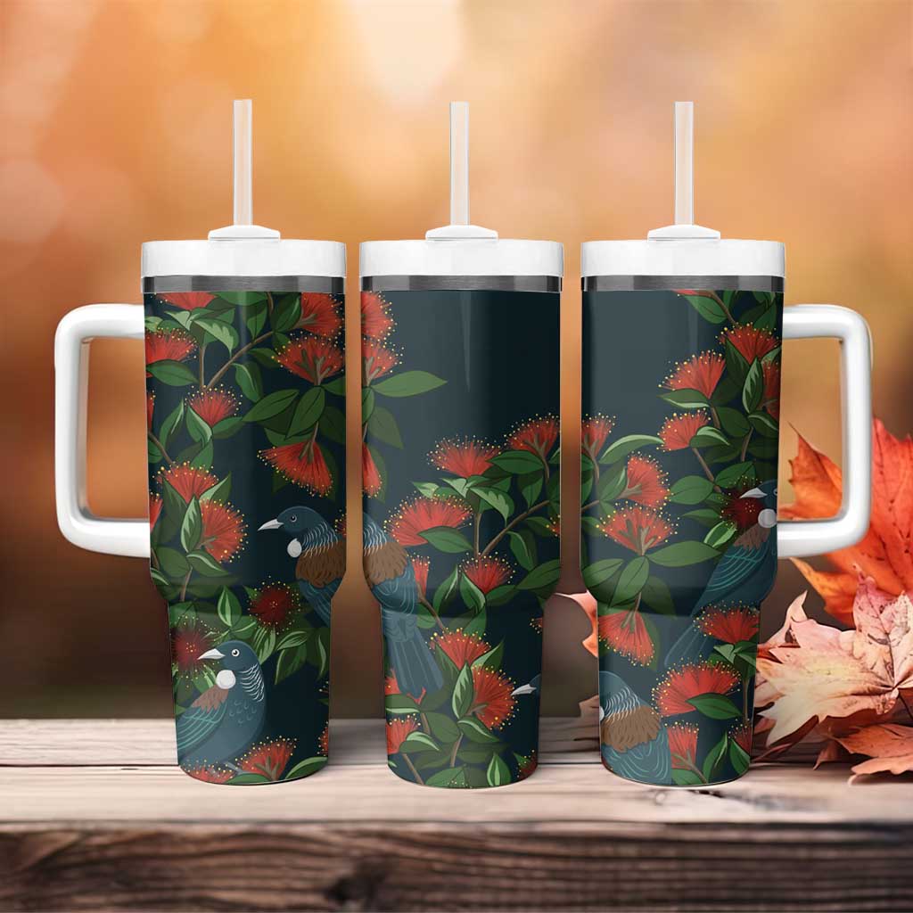 New Zealand Christmas Tumbler With Handle Romantic Tui Birds on Pohutukawa - Cobalt - Aussie Hoodie