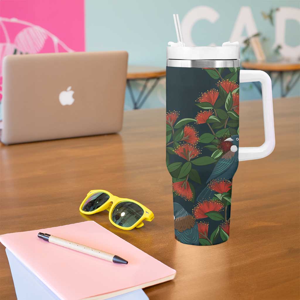 New Zealand Christmas Tumbler With Handle Romantic Tui Birds on Pohutukawa - Cobalt - Aussie Hoodie