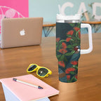 New Zealand Christmas Tumbler With Handle Romantic Tui Birds on Pohutukawa - Cobalt - Aussie Hoodie