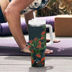 New Zealand Christmas Tumbler With Handle Romantic Tui Birds on Pohutukawa - Cobalt - Aussie Hoodie