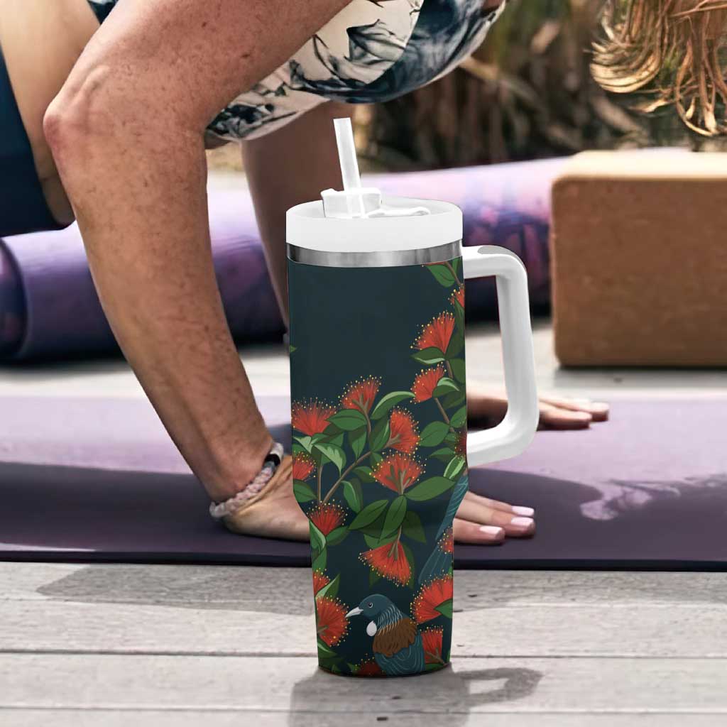 New Zealand Christmas Tumbler With Handle Romantic Tui Birds on Pohutukawa - Cobalt - Aussie Hoodie