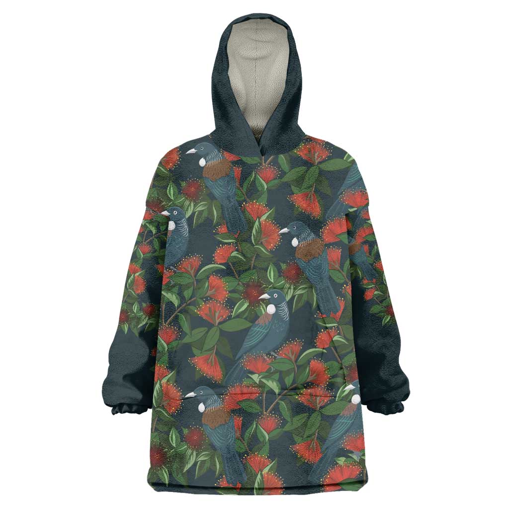 New Zealand Christmas Wearable Blanket Hoodie Romantic Tui Birds on Pohutukawa - Cobalt - Aussie Hoodie