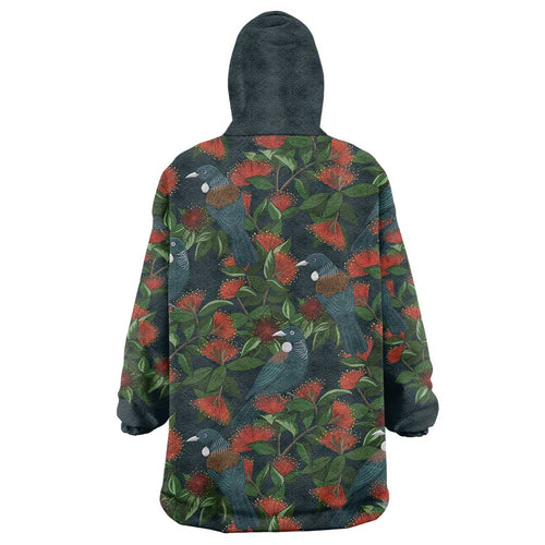 New Zealand Christmas Wearable Blanket Hoodie Romantic Tui Birds on Pohutukawa - Cobalt - Aussie Hoodie