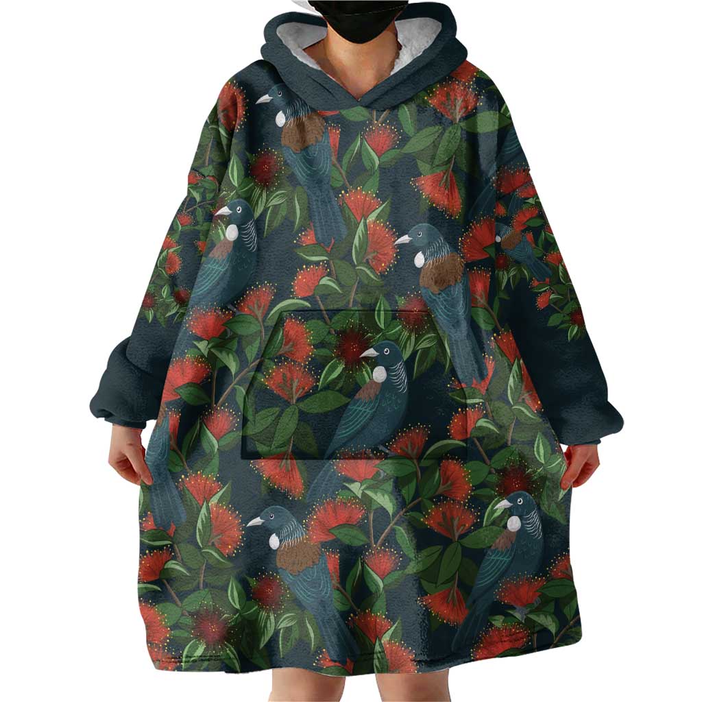 New Zealand Christmas Wearable Blanket Hoodie Romantic Tui Birds on Pohutukawa - Cobalt - Aussie Hoodie