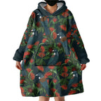 New Zealand Christmas Wearable Blanket Hoodie Romantic Tui Birds on Pohutukawa - Cobalt - Aussie Hoodie