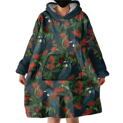New Zealand Christmas Wearable Blanket Hoodie Romantic Tui Birds on Pohutukawa - Cobalt - Aussie Hoodie
