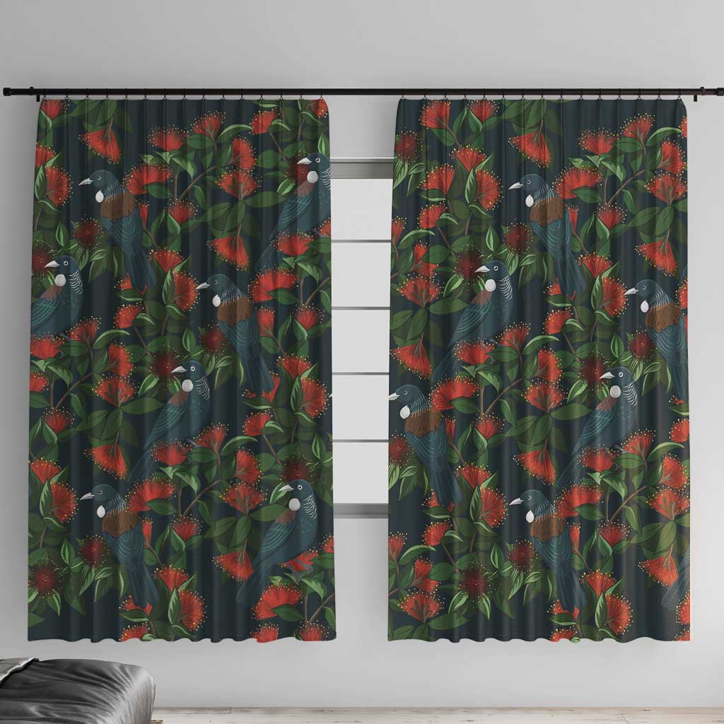 New Zealand Christmas Window Curtain Romantic Tui Birds on Pohutukawa - Cobalt - Aussie Hoodie