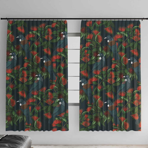 New Zealand Christmas Window Curtain Romantic Tui Birds on Pohutukawa - Cobalt - Aussie Hoodie