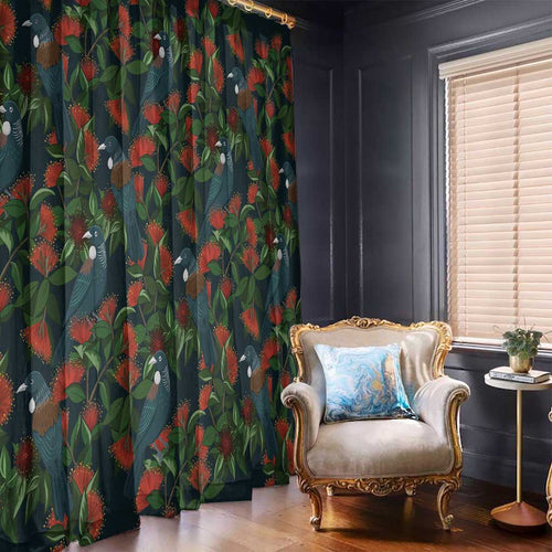 New Zealand Christmas Window Curtain Romantic Tui Birds on Pohutukawa - Cobalt - Aussie Hoodie