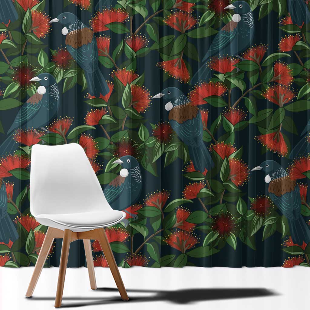 New Zealand Christmas Window Curtain Romantic Tui Birds on Pohutukawa - Cobalt - Aussie Hoodie