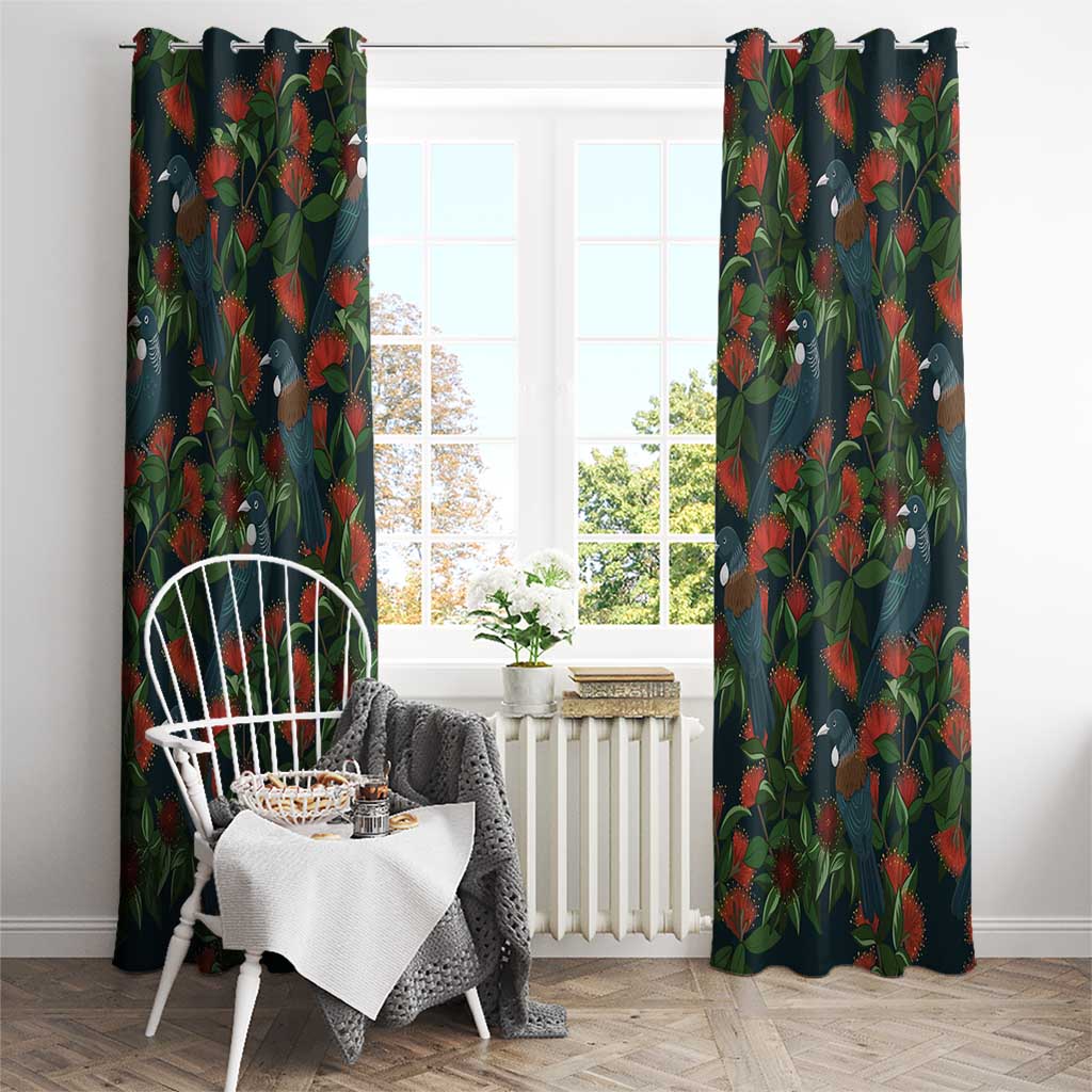 New Zealand Christmas Window Curtain Romantic Tui Birds on Pohutukawa - Cobalt - Aussie Hoodie