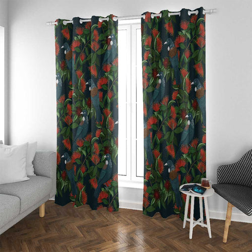 New Zealand Christmas Window Curtain Romantic Tui Birds on Pohutukawa - Cobalt - Aussie Hoodie
