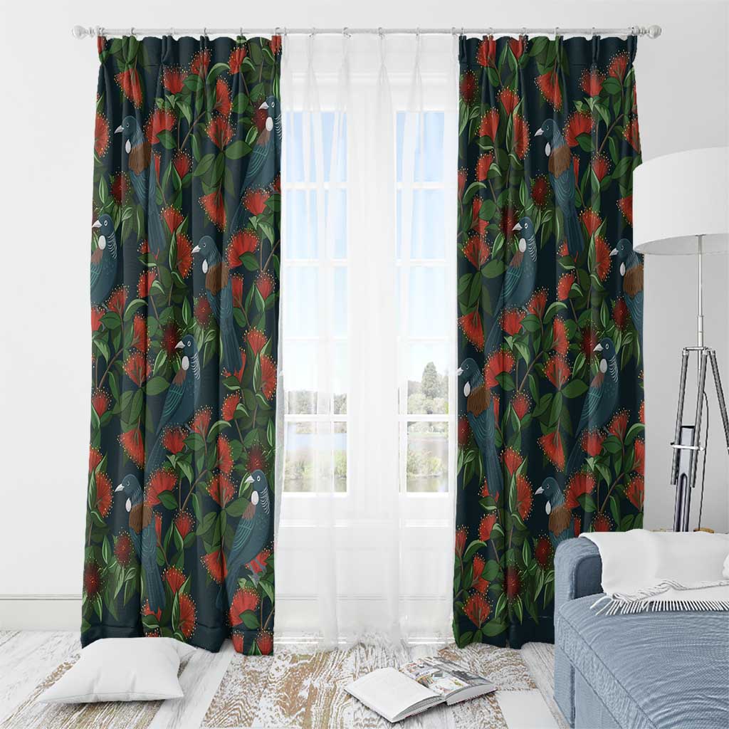 New Zealand Christmas Window Curtain Romantic Tui Birds on Pohutukawa - Cobalt - Aussie Hoodie