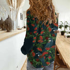 New Zealand Christmas Women Casual Shirt Romantic Tui Birds on Pohutukawa - Cobalt - Aussie Hoodie