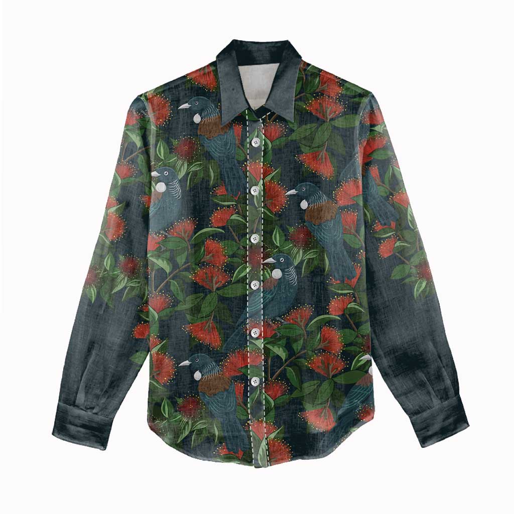 New Zealand Christmas Women Casual Shirt Romantic Tui Birds on Pohutukawa - Cobalt - Aussie Hoodie