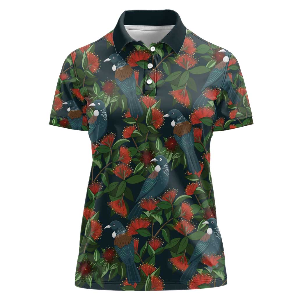 New Zealand Christmas Women Polo Shirt Romantic Tui Birds on Pohutukawa - Cobalt - Aussie Hoodie