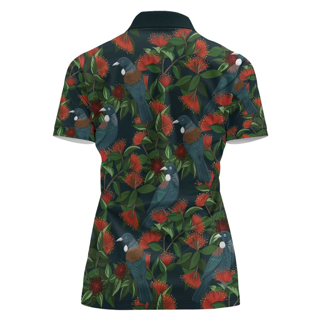 New Zealand Christmas Women Polo Shirt Romantic Tui Birds on Pohutukawa - Cobalt - Aussie Hoodie