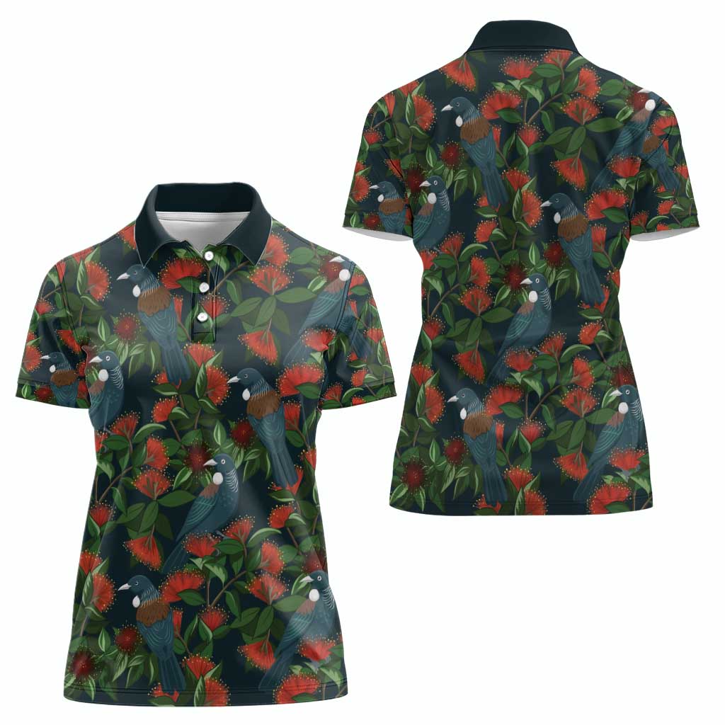 New Zealand Christmas Women Polo Shirt Romantic Tui Birds on Pohutukawa - Cobalt - Aussie Hoodie