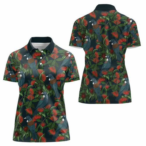 New Zealand Christmas Women Polo Shirt Romantic Tui Birds on Pohutukawa - Cobalt - Aussie Hoodie