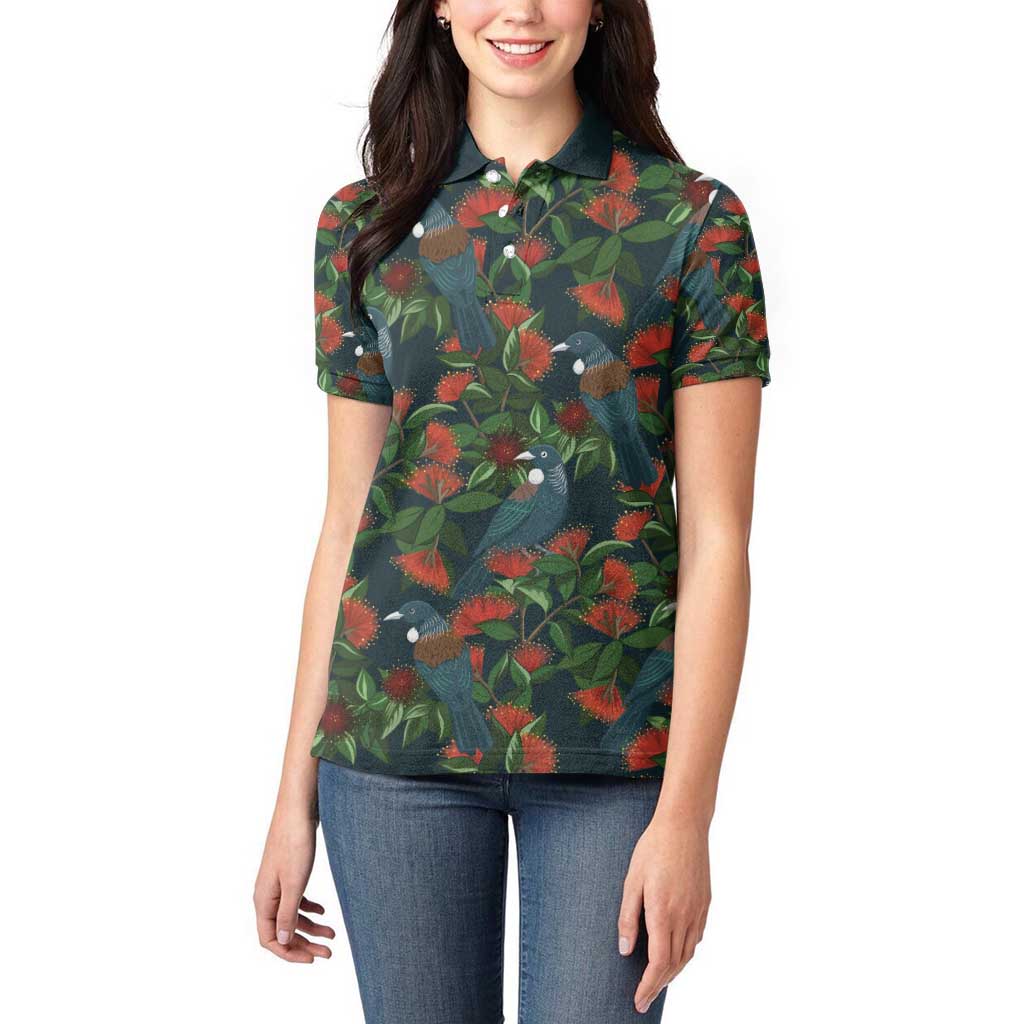 New Zealand Christmas Women Polo Shirt Romantic Tui Birds on Pohutukawa - Cobalt - Aussie Hoodie