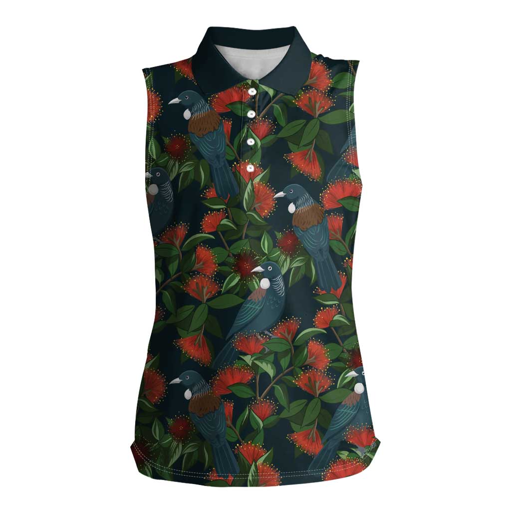 New Zealand Christmas Women Sleeveless Polo Shirt Romantic Tui Birds on Pohutukawa - Cobalt - Aussie Hoodie