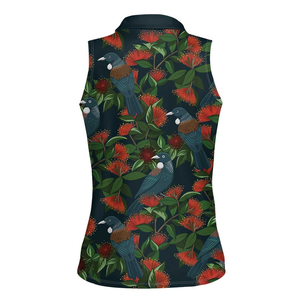 New Zealand Christmas Women Sleeveless Polo Shirt Romantic Tui Birds on Pohutukawa - Cobalt - Aussie Hoodie