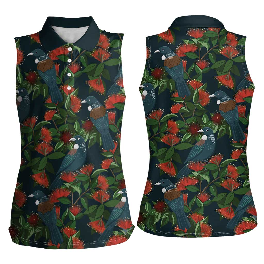 New Zealand Christmas Women Sleeveless Polo Shirt Romantic Tui Birds on Pohutukawa - Cobalt - Aussie Hoodie
