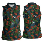 New Zealand Christmas Women Sleeveless Polo Shirt Romantic Tui Birds on Pohutukawa - Cobalt - Aussie Hoodie