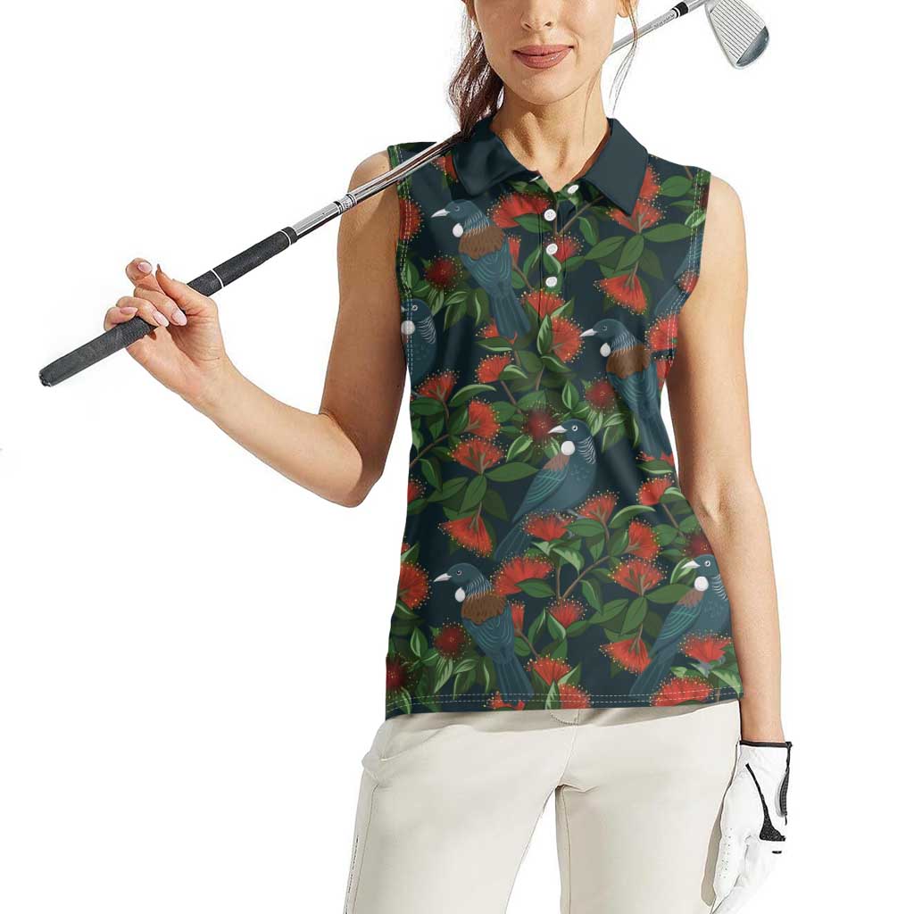 New Zealand Christmas Women Sleeveless Polo Shirt Romantic Tui Birds on Pohutukawa - Cobalt - Aussie Hoodie