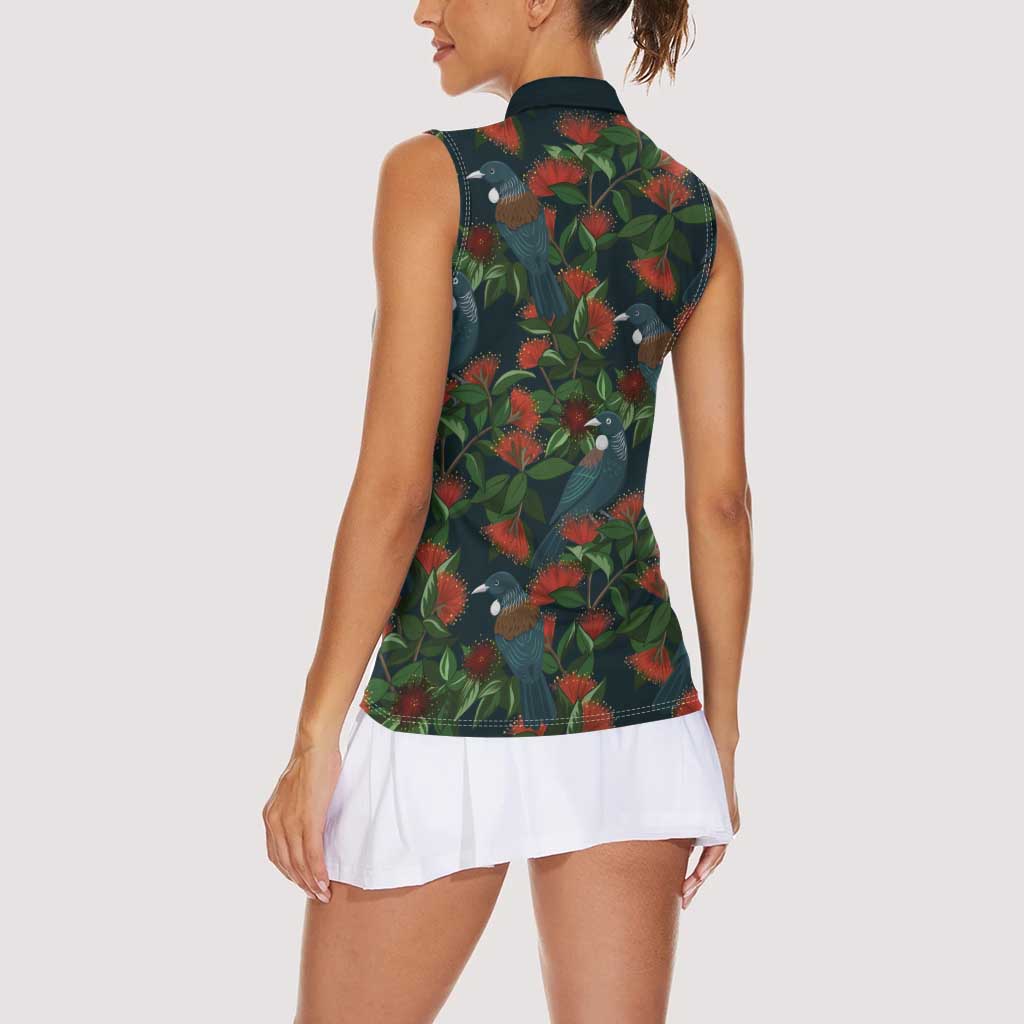 New Zealand Christmas Women Sleeveless Polo Shirt Romantic Tui Birds on Pohutukawa - Cobalt - Aussie Hoodie