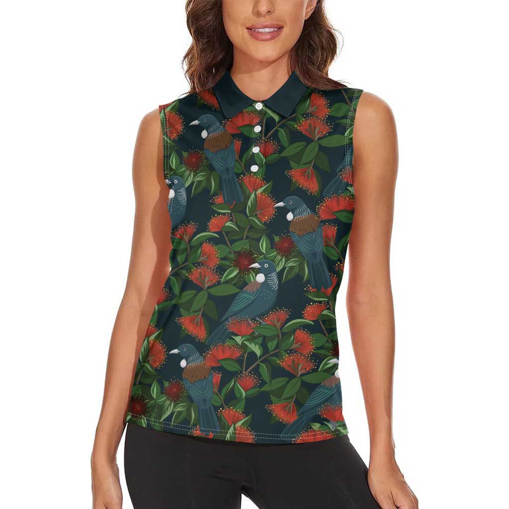New Zealand Christmas Women Sleeveless Polo Shirt Romantic Tui Birds on Pohutukawa - Cobalt - Aussie Hoodie