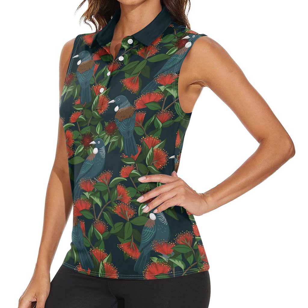 New Zealand Christmas Women Sleeveless Polo Shirt Romantic Tui Birds on Pohutukawa - Cobalt - Aussie Hoodie