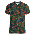 New Zealand Christmas Women V-Neck T-Shirt Romantic Tui Birds on Pohutukawa - Cobalt - Aussie Hoodie