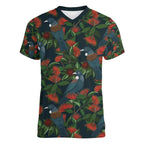 New Zealand Christmas Women V-Neck T-Shirt Romantic Tui Birds on Pohutukawa - Cobalt - Aussie Hoodie