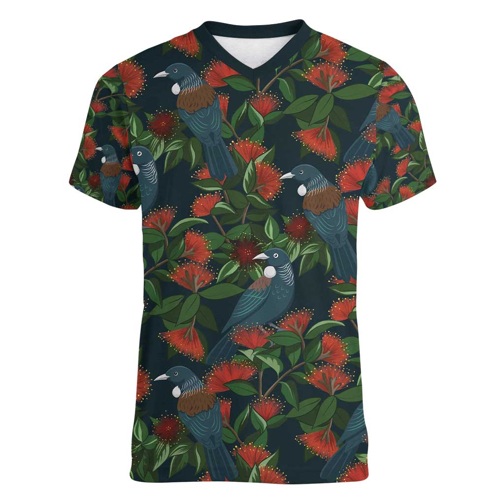 New Zealand Christmas Women V-Neck T-Shirt Romantic Tui Birds on Pohutukawa - Cobalt - Aussie Hoodie