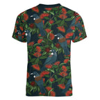 New Zealand Christmas Women V-Neck T-Shirt Romantic Tui Birds on Pohutukawa - Cobalt - Aussie Hoodie