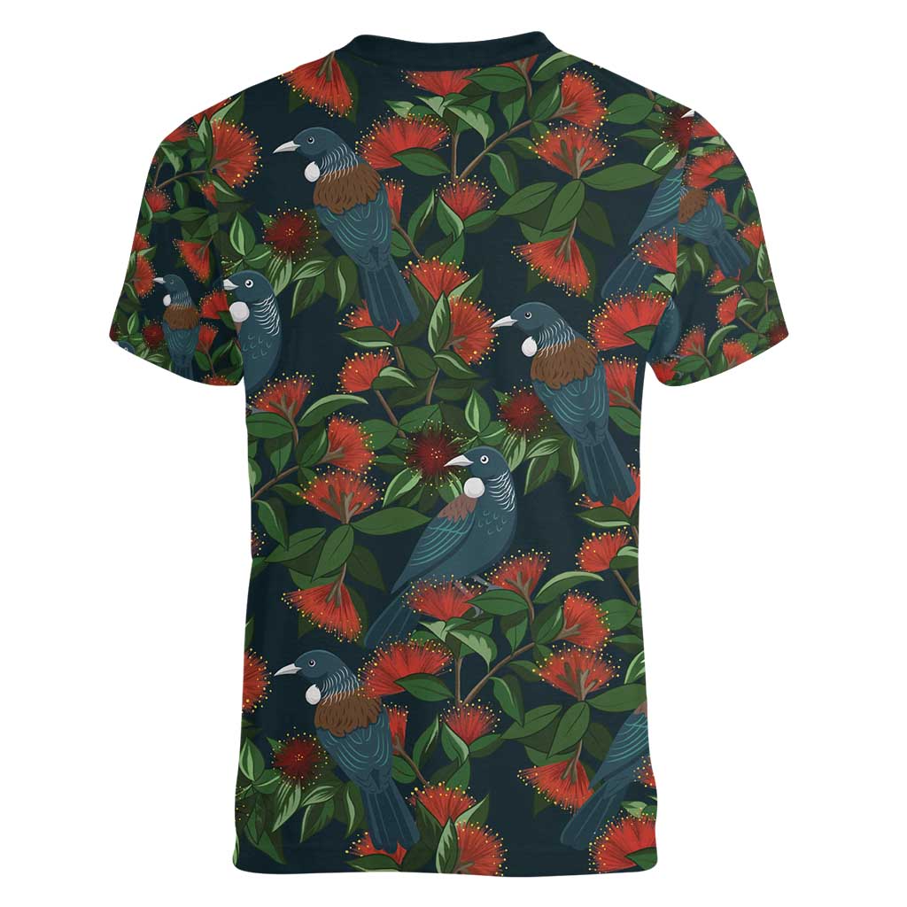 New Zealand Christmas Women V-Neck T-Shirt Romantic Tui Birds on Pohutukawa - Cobalt - Aussie Hoodie