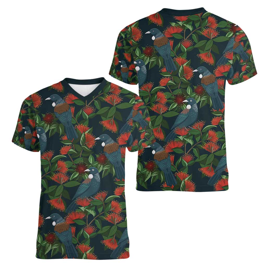 New Zealand Christmas Women V-Neck T-Shirt Romantic Tui Birds on Pohutukawa - Cobalt - Aussie Hoodie