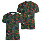 New Zealand Christmas Women V-Neck T-Shirt Romantic Tui Birds on Pohutukawa - Cobalt - Aussie Hoodie